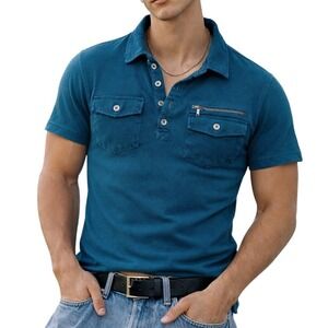 Rock & Republic Blokecore Mens Teal Blue Utility Polo Shirt Zipper Pocket Size M